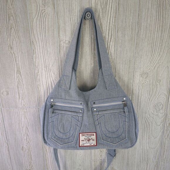 NWT True Religion Women's Denim Purse Pockets Horseshoe Logo Shoulder Bag Light - Picture 1 of 12